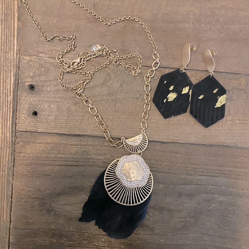 Long gold necklace with earrings